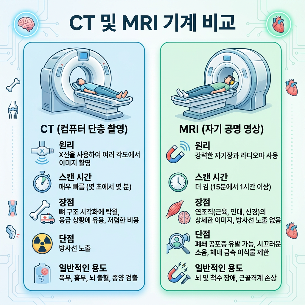 Comparison of CT and MRI scan machines with principles, scan times, advantages, disadvantages, and common uses